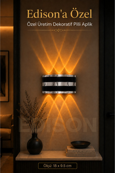 Edison Pilli LED Duvar Apliği Gümüş Detaylı Kablosuz Dekoratif Amber Aplik Mo...