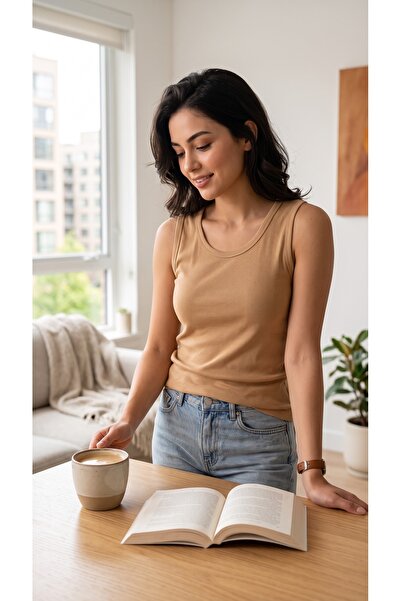 AHMERA Beige Women's Regular Fit Thick Strap T-Shirt