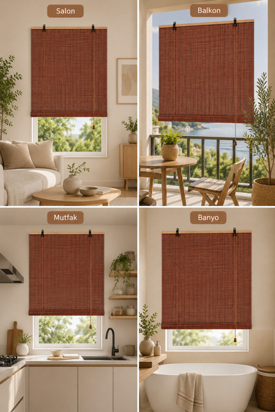 TEKZEN Ahşap Doğal Bambu Katlamalı Stor Perde Güneş Kırıcı Dekoratif Bahçe Balkon Ev Pencere Güneşlik
