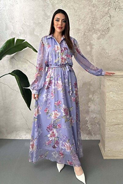 Moda Days قميص نسائي من الشيفون مزين بنقشة زهور أرجوانية مع ياقة وحزام وأكمام...