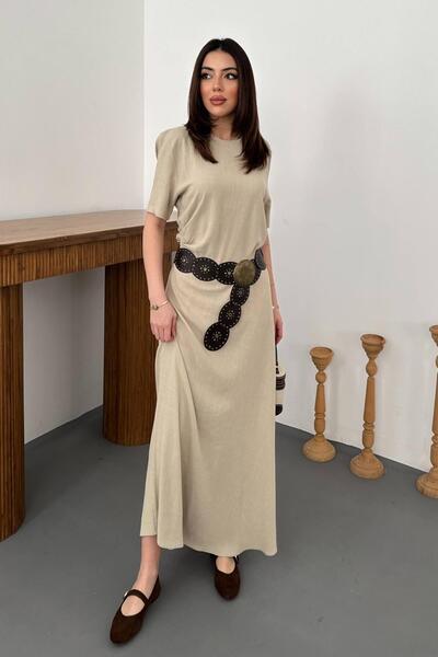 Clothes Fast Rochie de damă, bej, cu gât turnat, cu mâneci scurte, plisată, l...