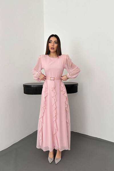 Clothes Fast فستان نسائي طويل من الشيفون الوردي برقبة دائرية وحزام وأكمام بال...