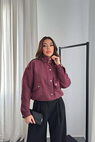 Moda Days سترة نسائية ذات ياقة عالية وقصيرة من الجلد السويدي باللون العنابي م...