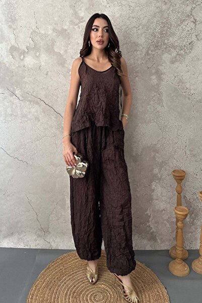 Clothes Fast Women's Brown Halter Neck Strappy Textured Wide Leg Blouse and P...