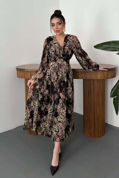 Moda Days Women's Black Floral Patterned Glitter Belted V-Neck Long Sleeve Ma...