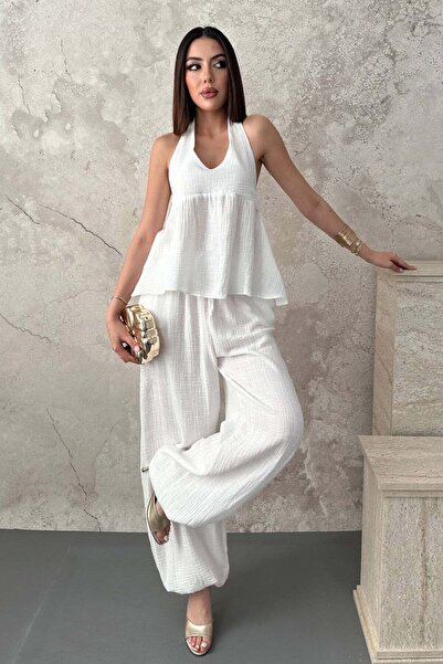 Moda Days Set de damă alb, cu guler halter, cu textură flam, cu detaliu de le...