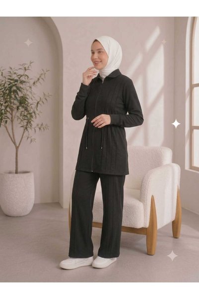 silarose Women's Zehra Dress Modal Fabric Comfortable Fit Two-Piece Islamic Tunic Set Bottom Top Zippered Pants with Pockets Wide Legs Elastic Waist