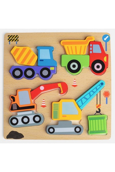 OEM Puzzle din lemn cu sortare de forme, cu tematică vehicule de construcții,...