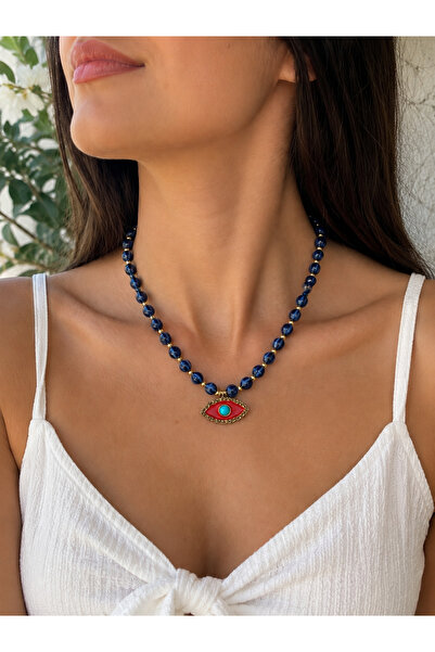 ANKA JEWELLRY قلادة نسائية من الفولاذ باللون الأزرق الداكن مزينة بالخرز وتفاص...