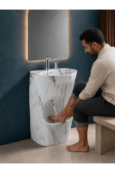 Fualora Abdest Alma Bölümlü Beyaz Monoblok Lavabo – Ayak Yıkama Hazneli Merme...