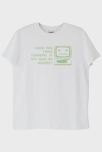 lofux تي شيرت أبيض بتصميم ريترو مطبوع عليه Turning It Off and On Again