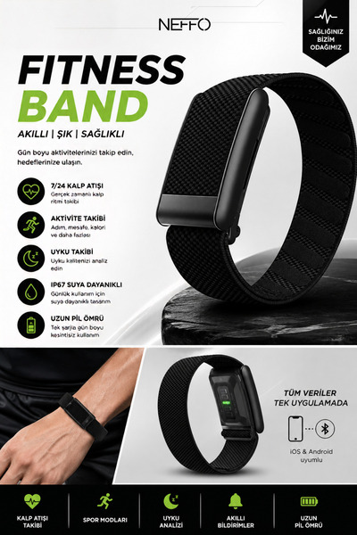 NEFFO Akıllı Fitness Bandı Akıllı Bileklik Kalp Atışı Uyku ve Aktivite Takibi...