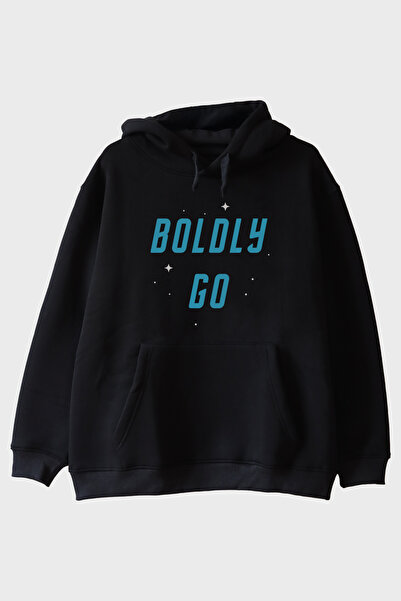 lofux هودي أسود ذو طابع فضائي من Boldly Go مطبوع
