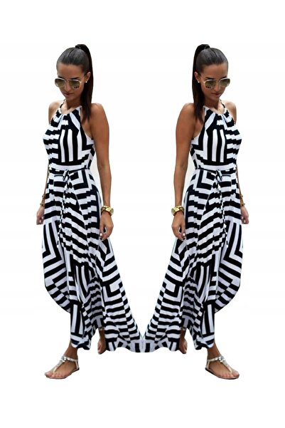 SNM Rochie Maxi, SNM, Alb/negru, One Size, Croi Lejer, Bumbac Elastic, Curea ...