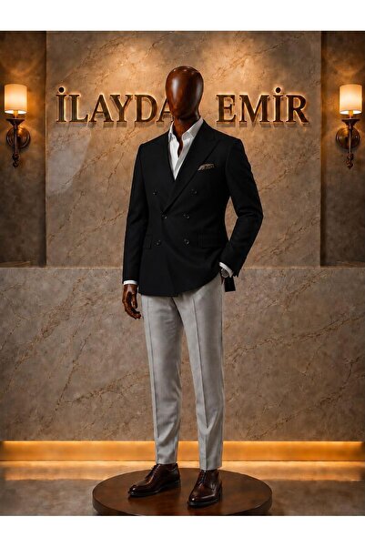 ilayda emir بدلة رجالية مكونة من 3 قطع، سترة سوداء مزدوجة الصدر، قميص أبيض، ب...