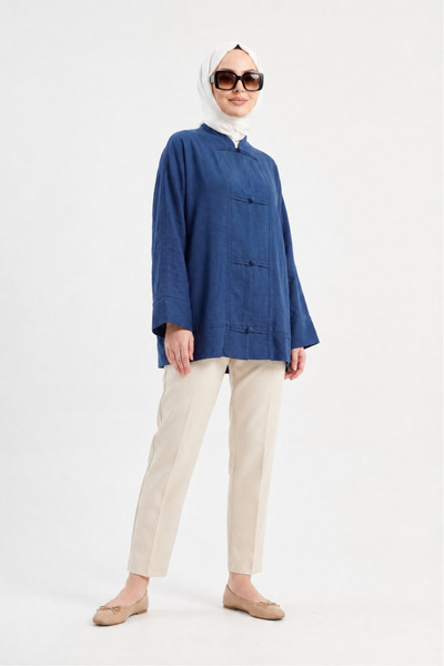 ShopFast Biye Düğmeli V Yaka Organze Vual Oversize Kimono