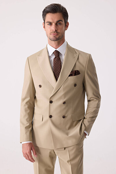 Ysf Erkek Bej Slim Fit Yün Kruvaze Takım Elbise