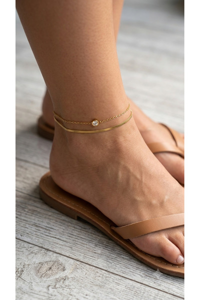 Bymiel Women's Gold Color Steel Double Anklet - Thin Chain and Snake Chain Co...