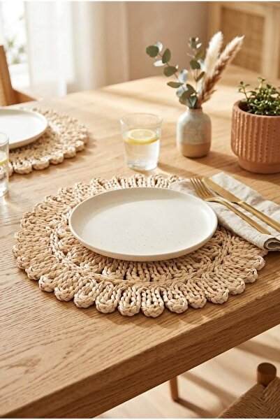 Atbyhome Doğal Rattan Hasır Supla 38 cm - El Örmesi Dantel Kenarlı Yuvarlak Amerikan Servisi