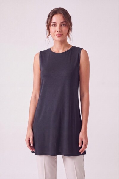 Betimoda Women's Four Seasons Crew Neck Sleeveless Viscose Short Tunic Smoked