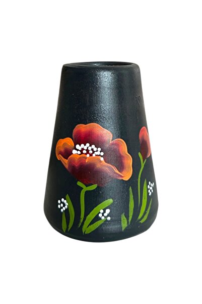 Ceramica Martinescu Vaza ceramica neagra pictata manual cu maci, decor handma...