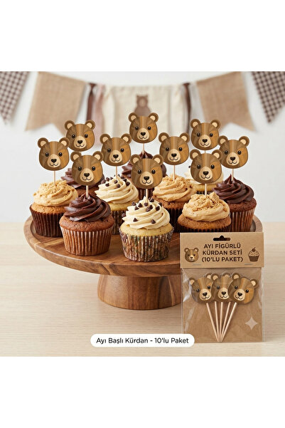turkuaz parti 8'Lİ KAHVERENGİ AYICIK KÜRDAN SETİ,AYICIK CUPCAKE SÜSÜ,AYICIK P...