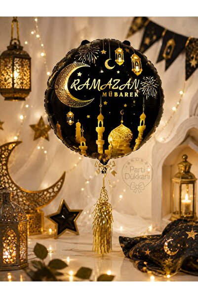 Parti Dükkanı 18 Inch Black Gold Foil Balloon with Ramadan Mubarak Written, H...