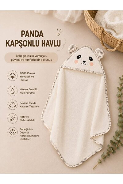 LİRONA Panda Kapşonlu Bebek Havlusu %100 Pamuk Yumuşak Emici Banyo Havlusu Ye...