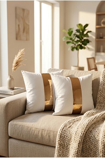 Rayda Home Off-White/Gold Leather Detailed Decorative Throw Pillow Cover