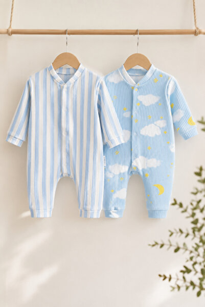 minova baby Erkek Bebek 2’li Tulum Seti %100 Pamuklu Uzun Kollu Çıtçıtlı 3-6-...