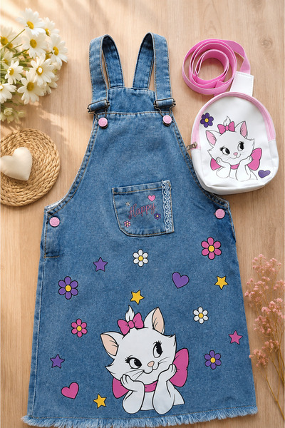 Mişsa Bebe Girl's Cat Printed Denim Gilet Dress and Bag Set 3-8 Years Old