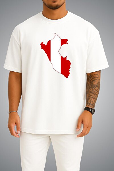 Bahriyeli Collection Oversize Peru Flag and Map Chest Printed Unisex T-Shirt