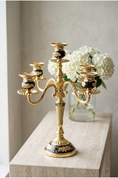 RASHA COLLECTION 5 Kollu Altın Rengi İşlemeli Dekoratif Şamdan 37 cm