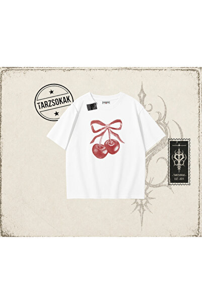 Tarzsokak Unisex majica sa trešnjastom trakom, široka unisex majica, bela