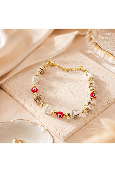 Ceyyiz Natural Sea Shell Evil Eye Beaded Women's Anklet with Adjustable Gold Chain Detail 21 cm