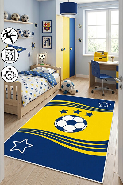 blcmoda Sarı Lacivert Futbol Temalı Baskılı Yıkanabilir Kaymaz Taban Çocuk Od...
