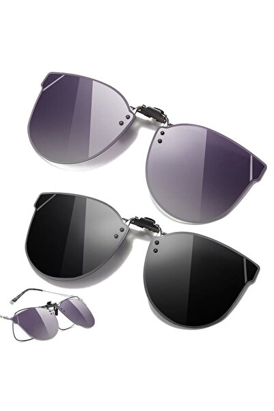 STARSTAR Two pairs of clip-on polarized sunglasses, black/purple, UV400 prote...