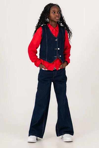 GİYİCEM TEKSTİL Girl's Casual Denim Vest, Jean Shirt, Pants 3-Piece Combinati...