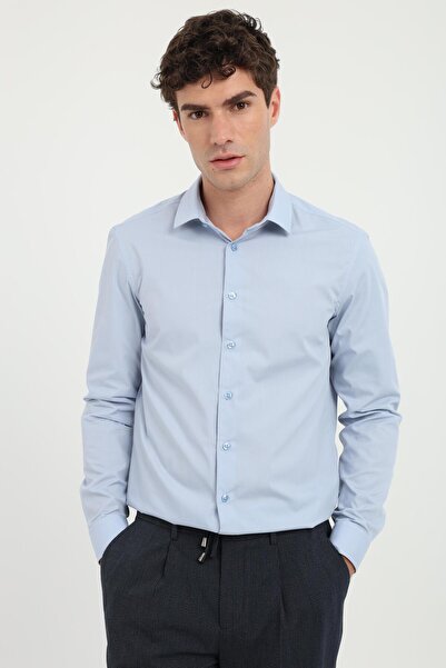 Dufy Men's Slim Fit Long Sleeve Blue Shirt