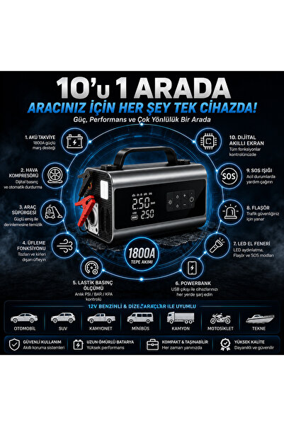Merwish Akü Takviye Cihazı 18000mAh Hava Kompresörü Powerbank Süpürge Üfleme 10'u 1 Arada 150 PSI 1800A