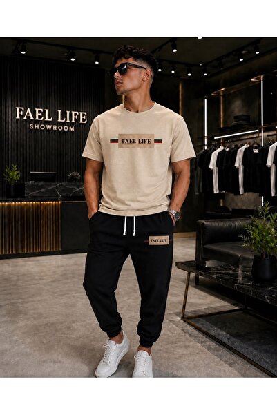 FAEL LİFE طقم تي شيرت وبنطلون رياضي واسع للجنسين بطباعة مخططة