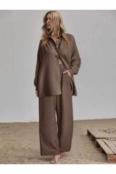 OEM Casual two-piece set, long sleeve shirt and pants, solid color, brown blouse