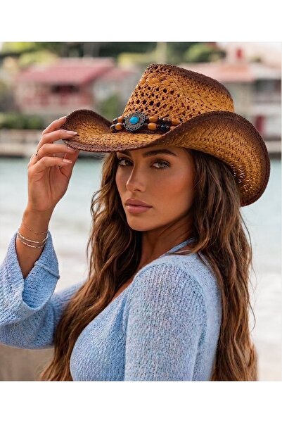 Kadın Gölgeli Premium Eskitme Dokulu Western Kovboy Şapkası Boncuklu Hasır Şapka Bohem