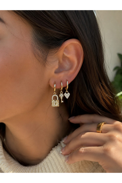 MODA Maisonlune Gold Color Lock Key Heart Figured 3-Piece Hoop Earring Set wi...
