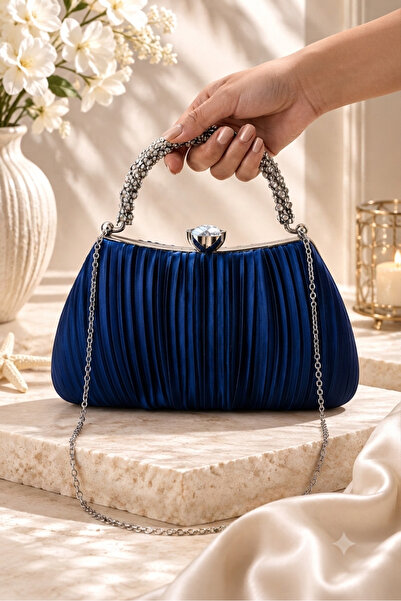 Famels Navy Blue Pilseli Evening Dress Bag with Star Headed Stones and Chain ...
