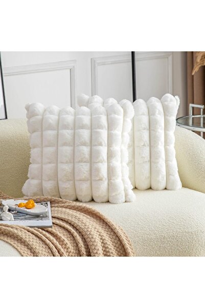 STARSTAR Two-Piece Set of Cream and White Faux Fur Soft Throw Pillowcases wit...