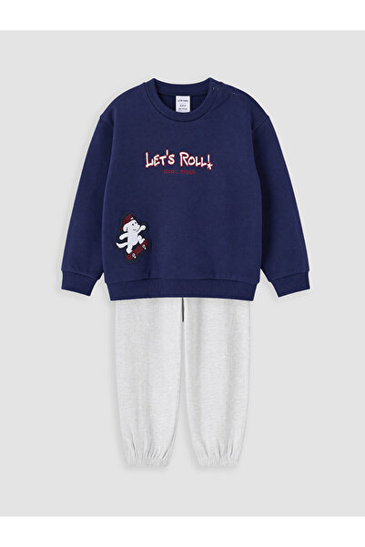 LC Waikiki Lcw Baby Navy Blue Printed Baby Boy Sweatshirt and Sweatpants Set