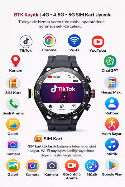 Mmctech Sim Kartlı BTK Kayıtlı Android Akıllı Saat Wi-Fi Paylaşma Sosyal Medy...