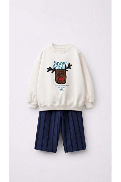 Monila Boy's Ecru Deer Patch Detailed 3 Thread Fabric Tracksuit Set