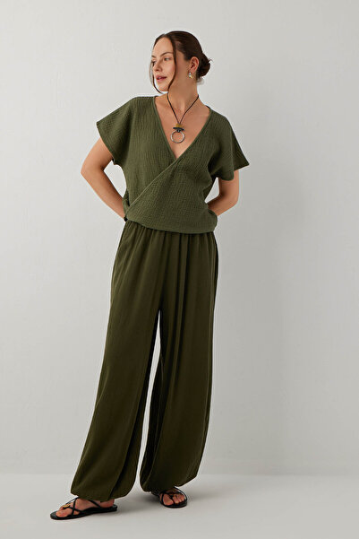 İpekçi Otantik Mare Crinkle-Cuffed Elastic Tencel Cotton Trousers Khaki